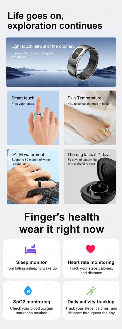 Qring Smart Ring R08 pour Femmes et Hommes Télécommande Électronique, Tensiomètre, Température Sommeil, compatible avec Android et IOS